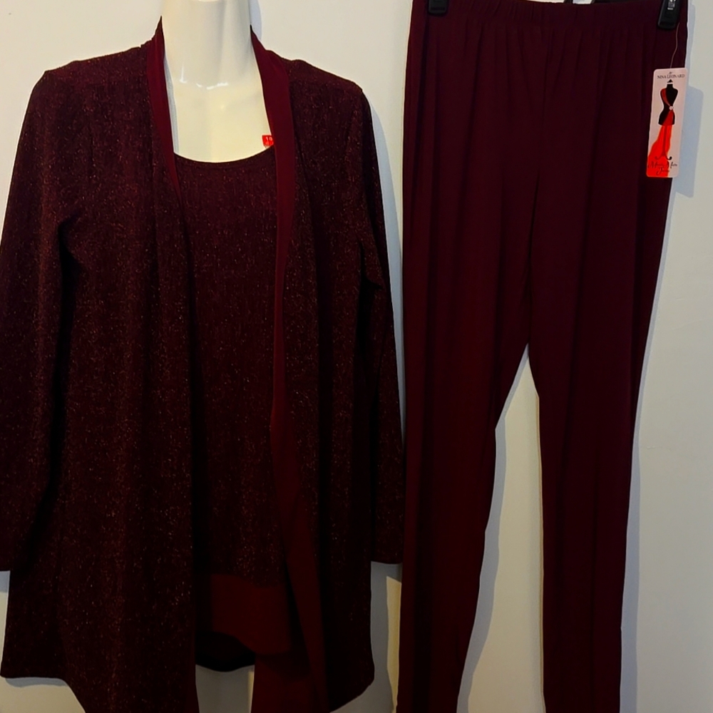 Nine Leonard 3pc Sparkly Burgundy Lounge Set NWT Size Small Tall